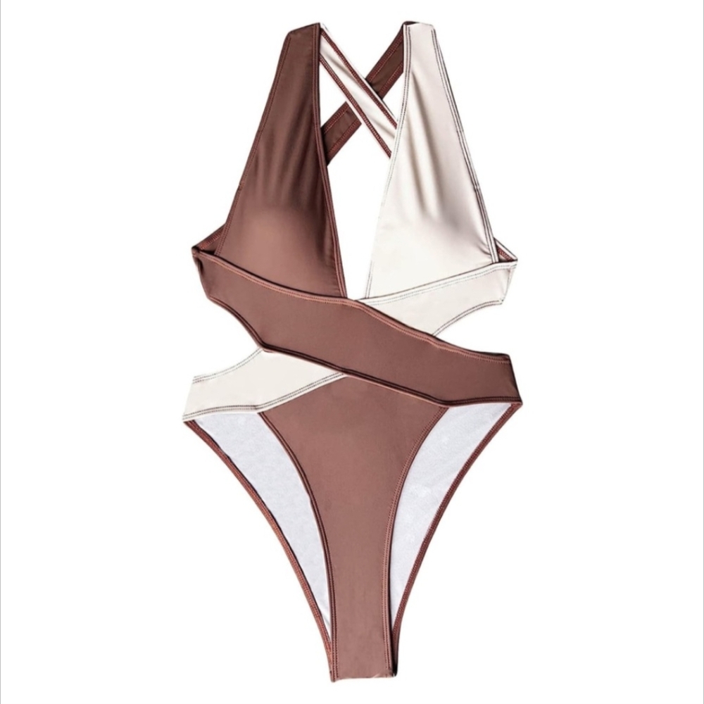 Chic Brown and Cream One-Piece Swimsuit Size Small